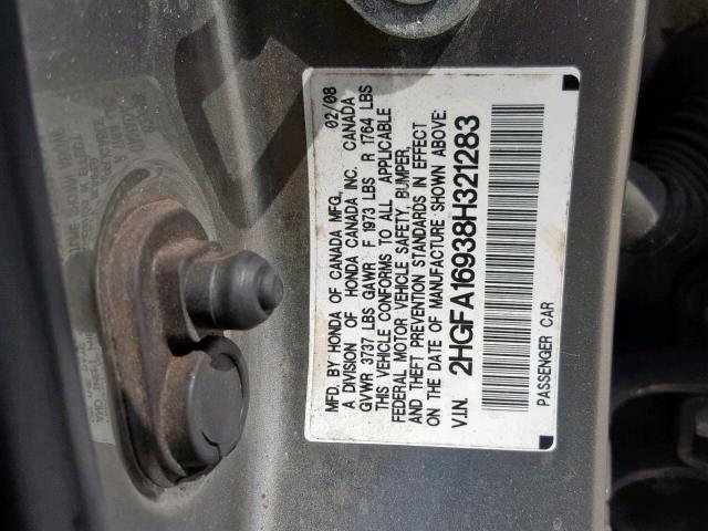 2HGFA16938H321283 - 2008 HONDA CIVIC EXL 灰色 照片 10