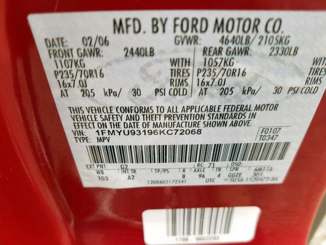 1FMYU93196KC72068 - 2006 FORD ESCAPE XLT RED photo 10