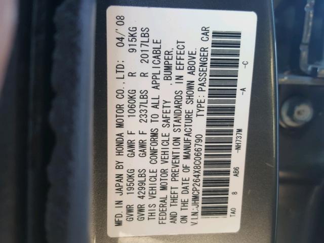 JHMCP264X8C066790 - 2008 HONDA ACCORD LXP GRAY photo 10