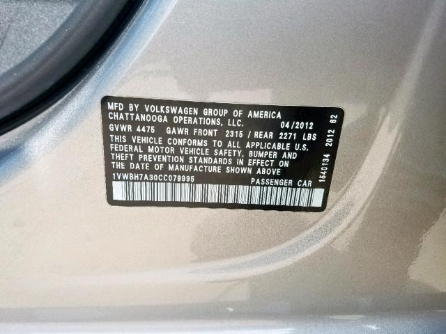 1VWBH7A30CC079995 - 2012 VOLKSWAGEN PASSAT SE SILVER photo 10