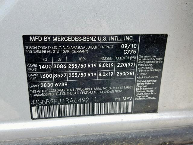 4JGBB2FB1BA649211 - 2011 MERCEDES-BENZ ML 350 BLU SILVER photo 10