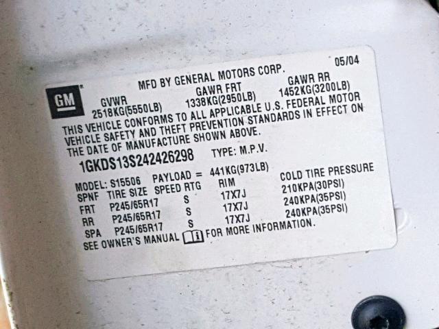 1GKDS13S242426298 - 2004 GMC ENVOY WHITE photo 10