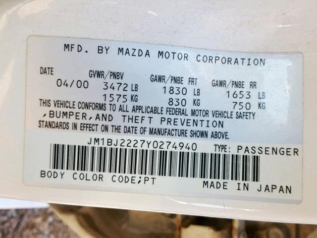 JM1BJ2227Y0274940 - 2000 MAZDA PROTEGE DX WHITE photo 10