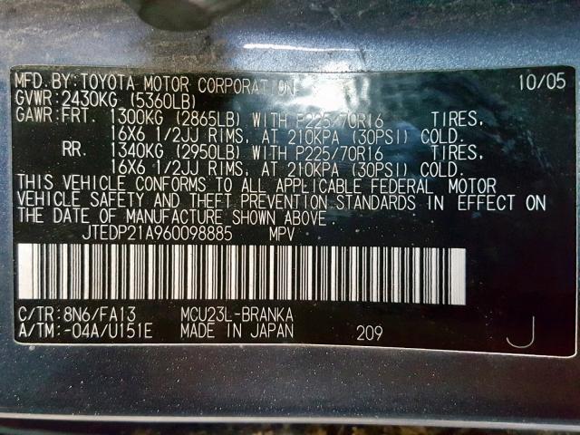 JTEDP21A960098885 - 2006 TOYOTA HIGHLANDER BLUE photo 10