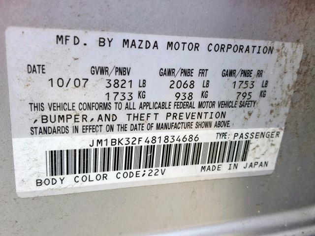 JM1BK32F481834686 - 2008 MAZDA 3 I SILVER photo 10