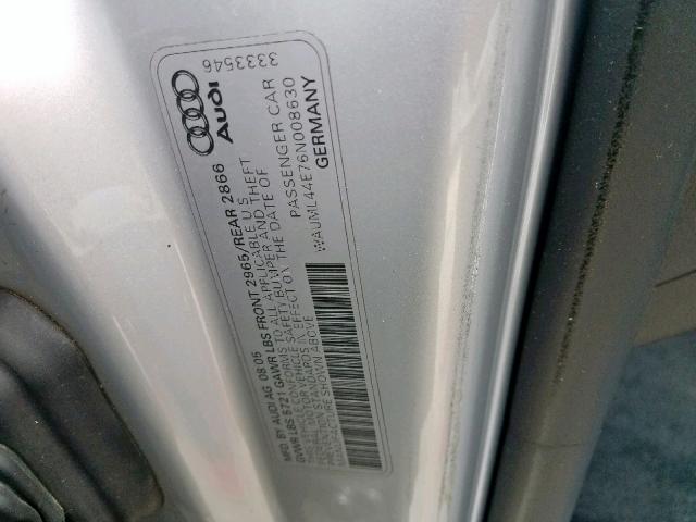 WAUML44E76N008630 - 2006 AUDI A8 L QUATT SILVER photo 10