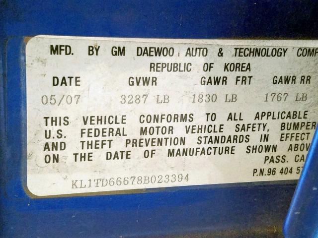 KL1TD66678B023394 - 2008 CHEVROLET AVEO BASE Көк фото 10