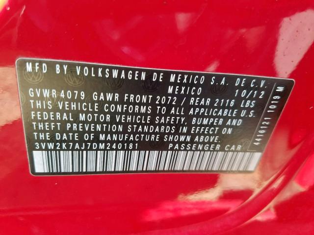 3VW2K7AJ7DM240181 - 2013 VOLKSWAGEN JETTA BASE RED photo 10