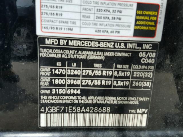 4JGBF71E58A428688 - 2008 MERCEDES-BENZ GL 450 4MA BLACK photo 10