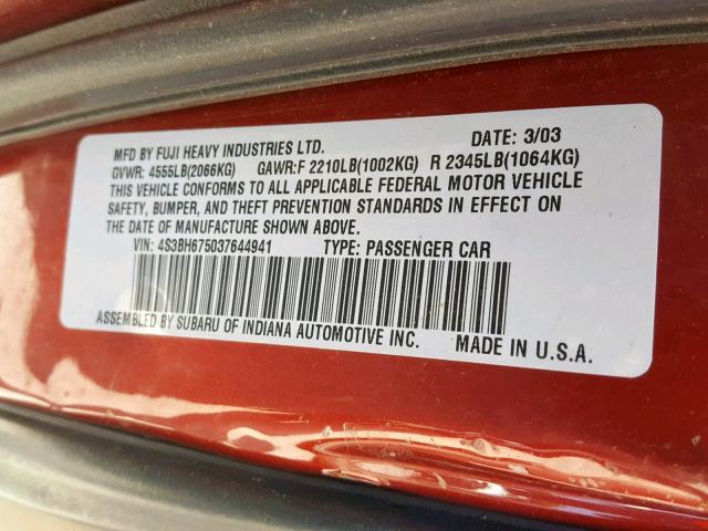 4S3BH675037644941 - 2003 SUBARU LEGACY OUT BURGUNDY photo 10