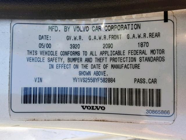 YV1VS2558YF582884 - 2000 VOLVO S40 SILVER photo 10