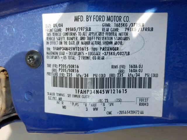 1FAHP34N45W121615 - 2005 FORD FOCUS ZX4 BLUE photo 10