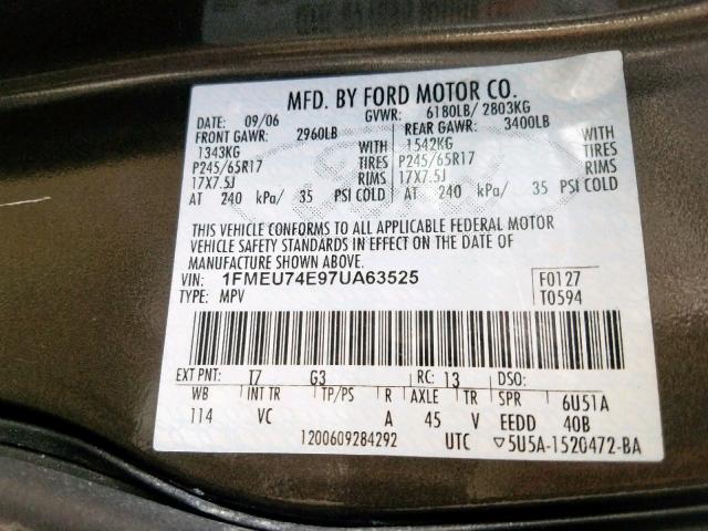 1FMEU74E97UA63525 - 2007 FORD EXPLORER E GRAY photo 10