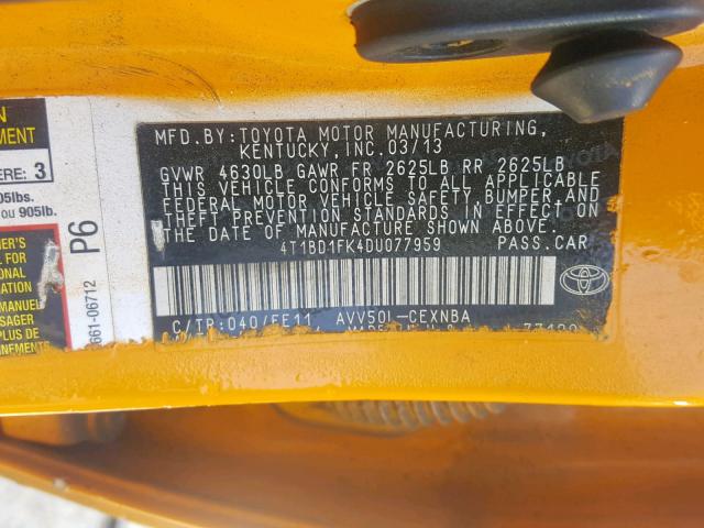 4T1BD1FK4DU077959 - 2013 TOYOTA CAMRY HYBR YELLOW photo 10