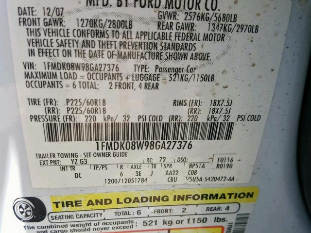 1FMDK08W98GA27376 - 2008 FORD TAURUS X E WHITE photo 10