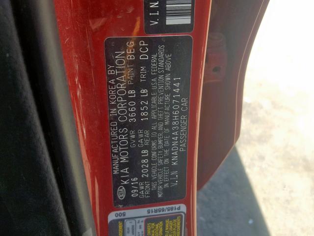 KNADN4A38H6071441 - 2017 KIA RIO EX RED photo 10