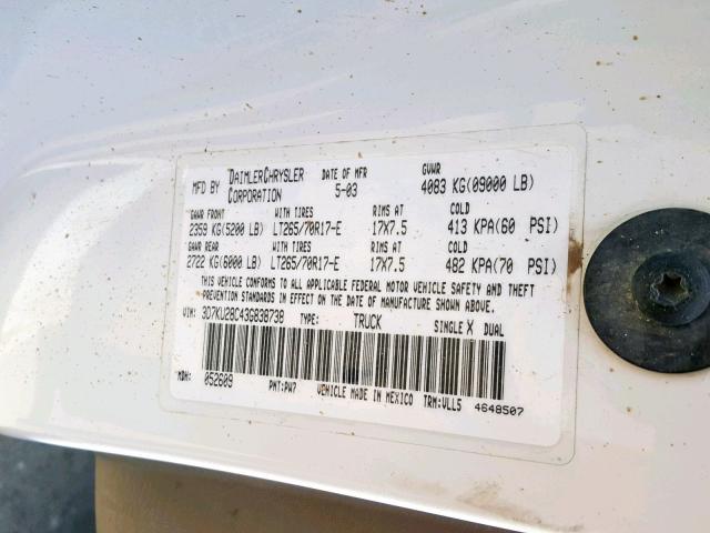 3D7KU28C43G838738 - 2003 DODGE RAM 2500 S Սպիտակ լուսանկար 10