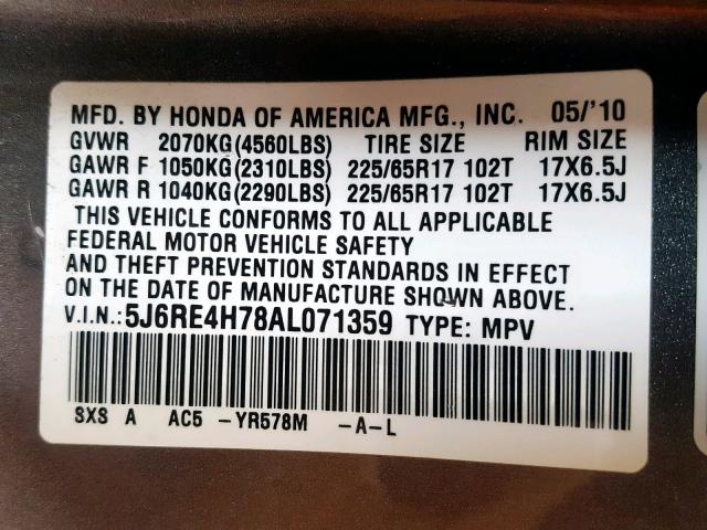 5J6RE4H78AL071359 - 2010 HONDA CR-V EXL GRAY photo 10