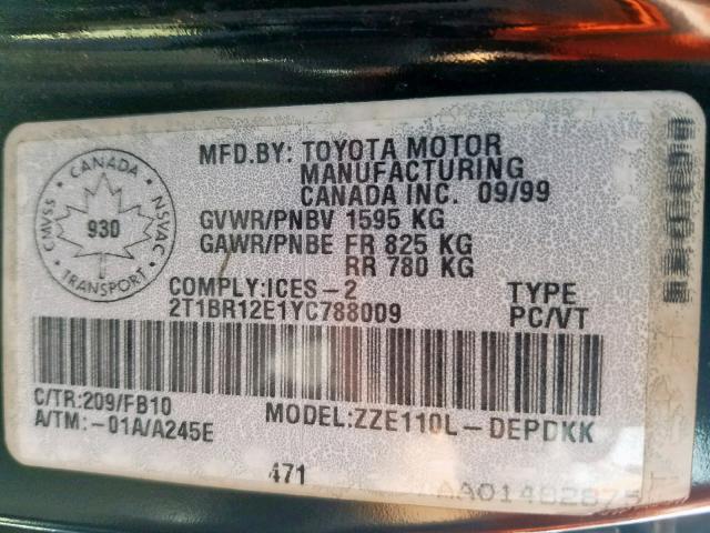 2T1BR12E1YC788009 - 2000 TOYOTA COROLLA VE BLACK photo 10