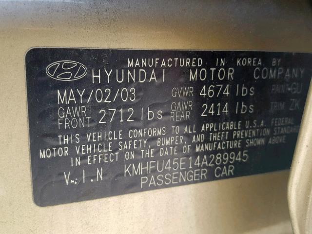 KMHFU45E14A289945 - 2004 HYUNDAI XG 350 GOLD photo 10