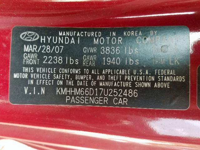 KMHHM66D17U252486 - 2007 HYUNDAI TIBURON GS BURGUNDY photo 10