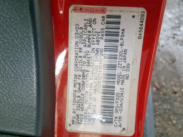 JTDDR32T430160080 - 2003 TOYOTA CELICA GT RED photo 10