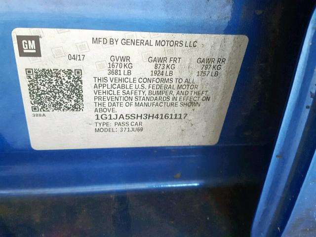 1G1JA5SH3H4161117 - 2017 CHEVROLET SONIC LS BLUE photo 10