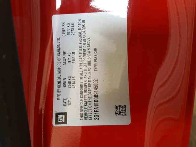 2G1FA1ED0B9145002 - 2011 CHEVROLET CAMARO LS RED photo 10