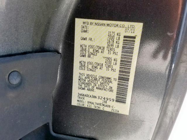 1N6BA0CA3BN324959 - 2011 NISSAN TITAN S GRAY photo 10