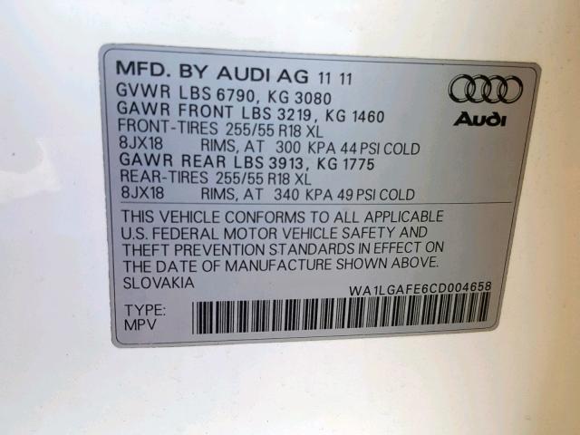 WA1LGAFE6CD004658 - 2012 AUDI Q7 PREMIUM WHITE photo 10