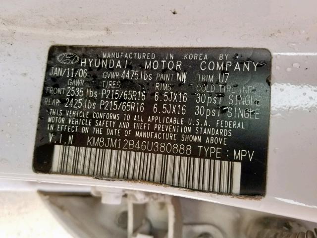 KM8JM12B46U380888 - 2006 HYUNDAI TUCSON GL WHITE photo 10