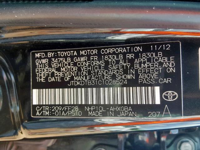 JTDKDTB31C1028524 - 2012 TOYOTA PRIUS C BLACK photo 10