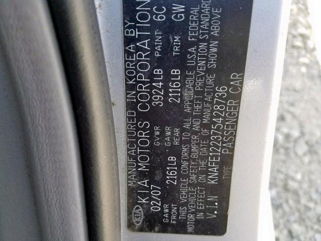 KNAFE122375428736 - 2007 KIA SPECTRA EX SILVER photo 10