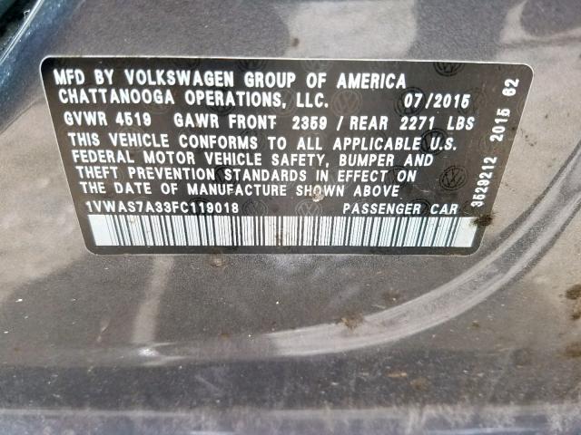 1VWAS7A33FC119018 - 2015 VOLKSWAGEN PASSAT S GRAY photo 10