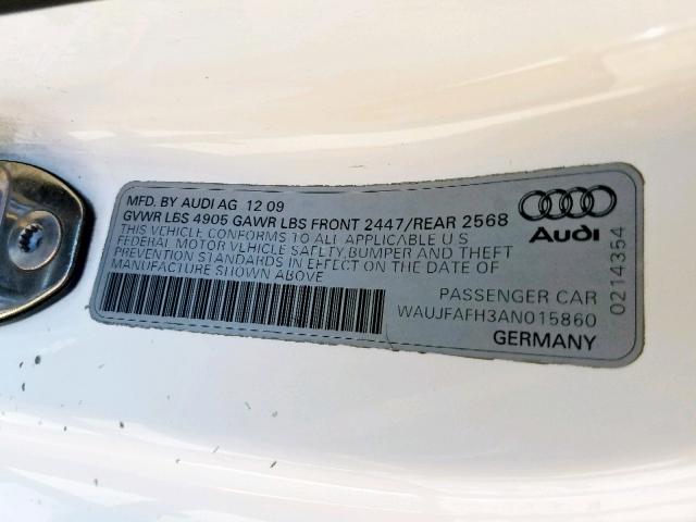 WAUJFAFH3AN015860 - 2010 AUDI A5 PREMIUM WHITE photo 10