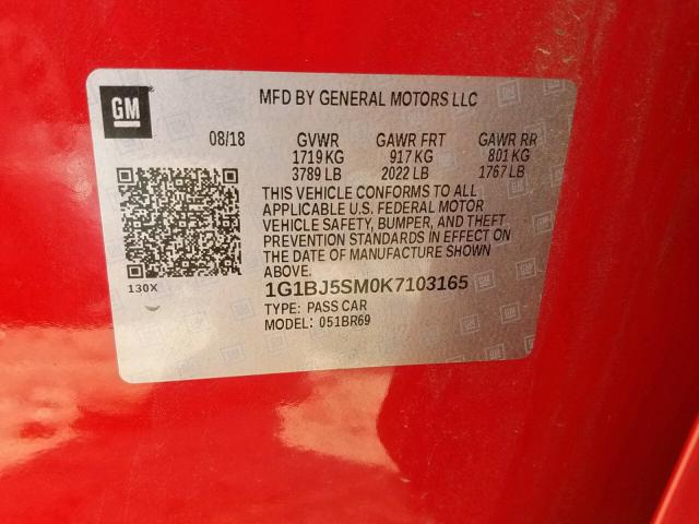 1G1BJ5SM0K7103165 - 2019 CHEVROLET CRUZE RED photo 10