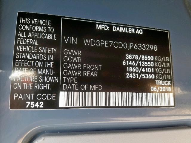 WD3PE7CD0JP633298 - 2018 FREIGHTLINER SPRINTER 2 GRAY photo 10