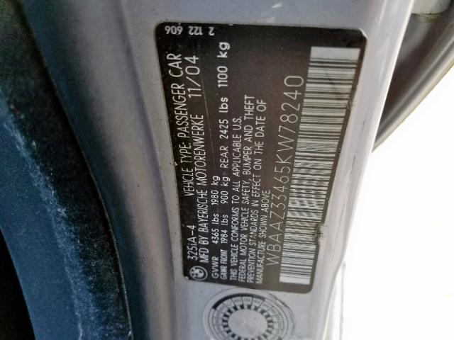 WBAAZ33465KW78240 - 2005 BMW 325 IS SUL SILVER photo 10