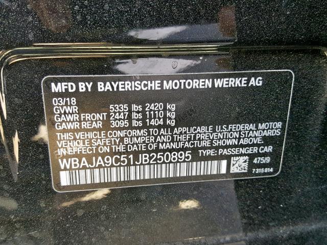 WBAJA9C51JB250895 - 2018 BMW 530E BLACK photo 10