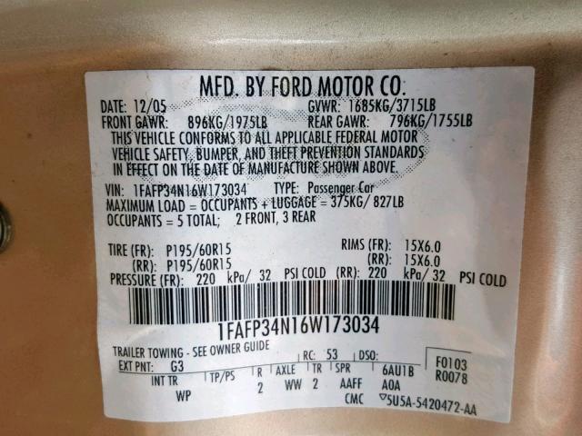 1FAFP34N16W173034 - 2006 FORD FOCUS ZX4 TAN photo 10