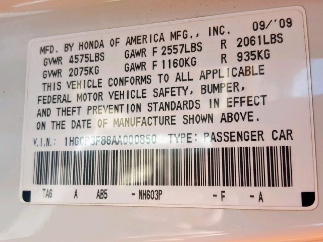 1HGCP3F86AA000850 - 2010 HONDA ACCORD EXL WHITE photo 10