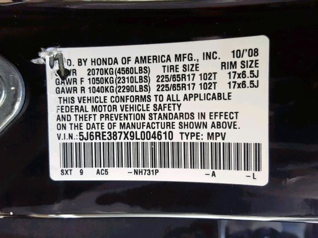 5J6RE387X9L004610 - 2009 HONDA CR-V EXL BLACK photo 10