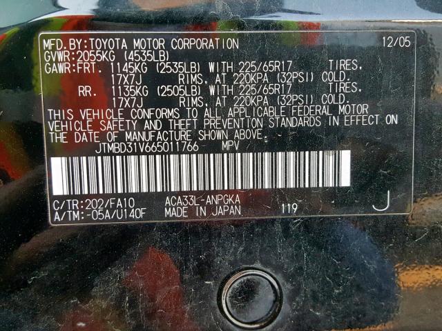 JTMBD31V665011766 - 2006 TOYOTA RAV4 LIMIT BLACK photo 10