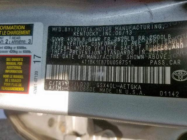 4T1BK1EB7DU058751 - 2013 TOYOTA AVALON BAS SILVER photo 10