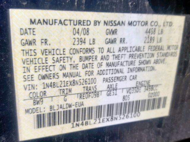 1N4BL21EX8N526100 - 2008 NISSAN ALTIMA 3.5 BLUE photo 10