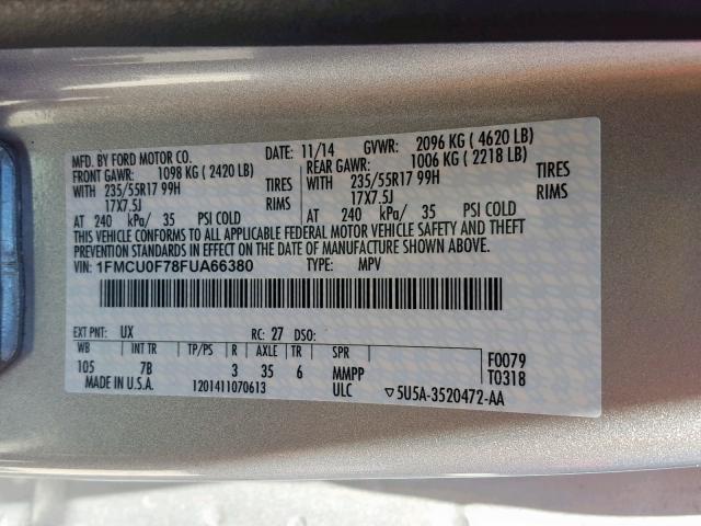 1FMCU0F78FUA66380 - 2015 FORD ESCAPE S SILVER photo 10