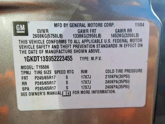 1GKDT13S952223455 - 2005 GMC ENVOY SILVER photo 10