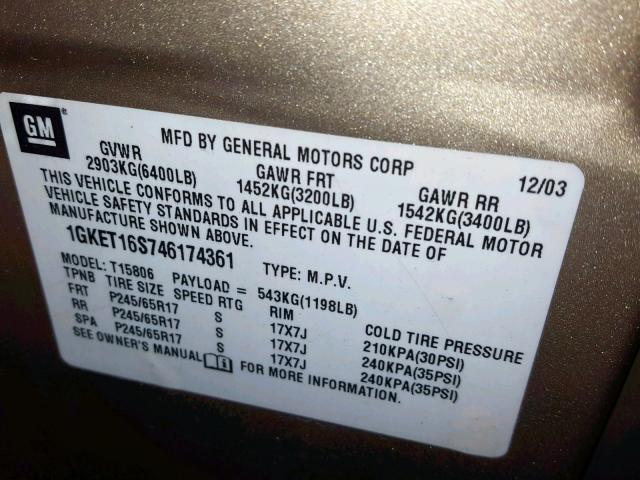 1GKET16S746174361 - 2004 GMC ENVOY XL GOLD photo 10