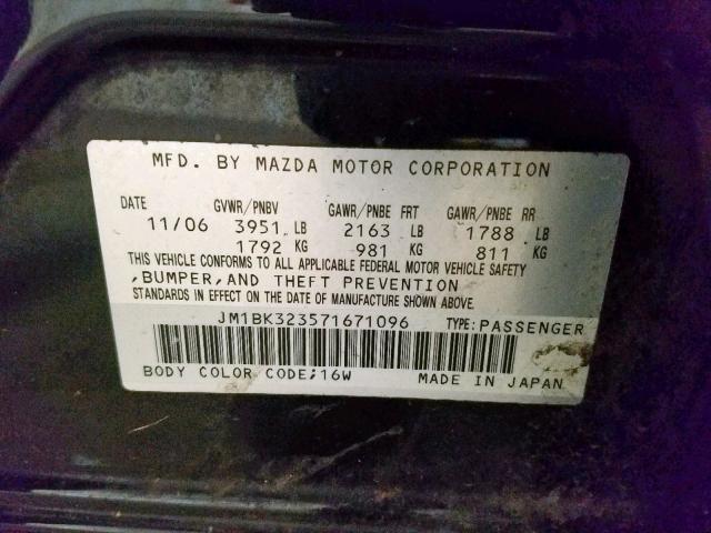 JM1BK323571671096 - 2007 MAZDA 3 S BLACK photo 10