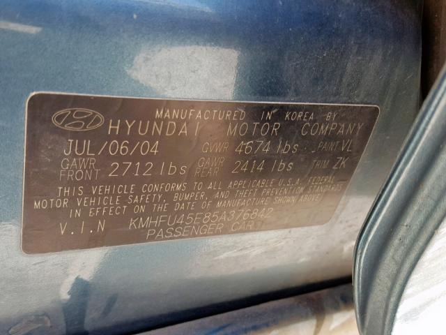 KMHFU45E85A376842 - 2005 HYUNDAI XG 350 BLUE photo 10